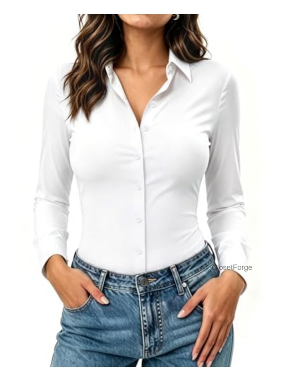 Women's Stretch Button Down Shirt Long Sleeve Wrinkle-Free Office Blouse